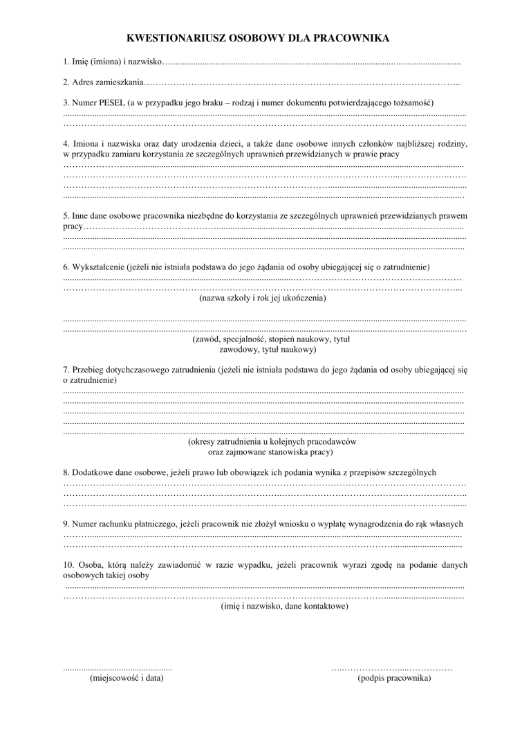 Personal questionnaire - template, how to fill in? | Eurokadra